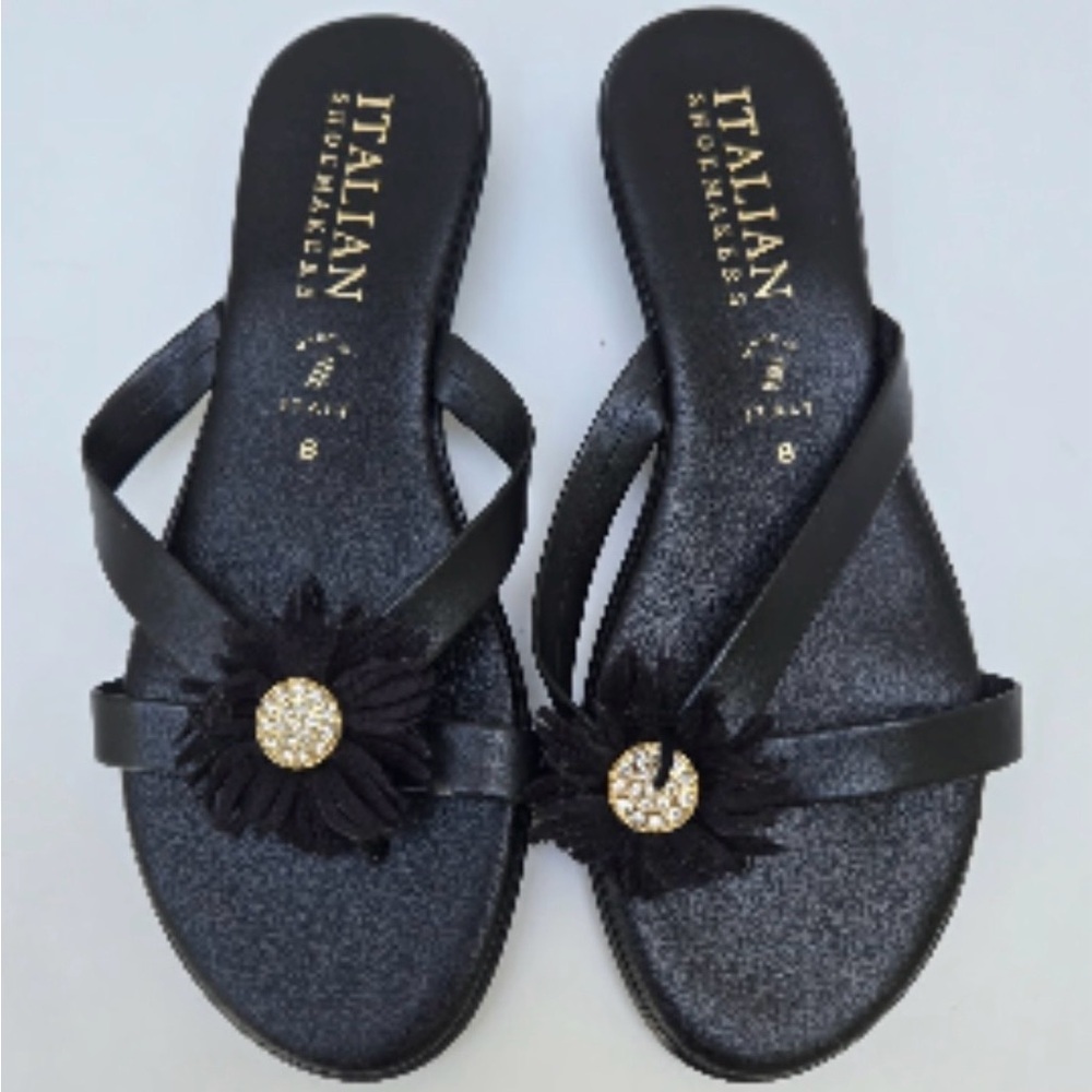 Italian Shoemakers fringe flower and rhinestone embellished sandal, black